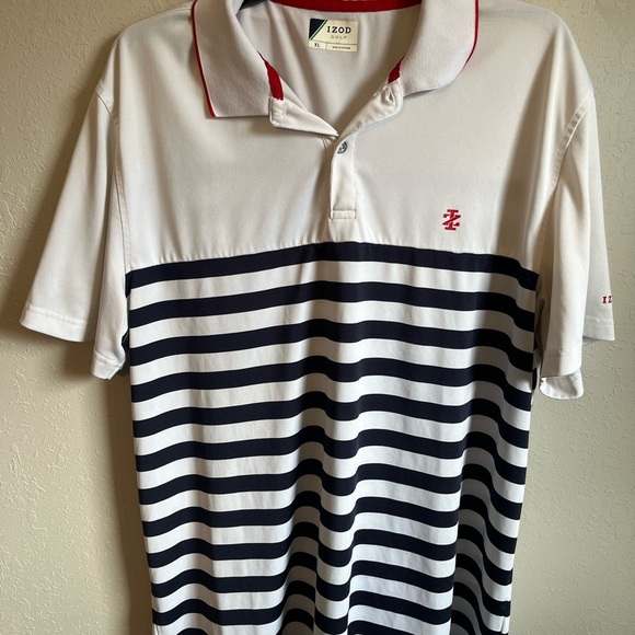 Men’s White With Navy Stripes IZOD Golf Short Sleeve Polo Size XL - Picture 1 of 6